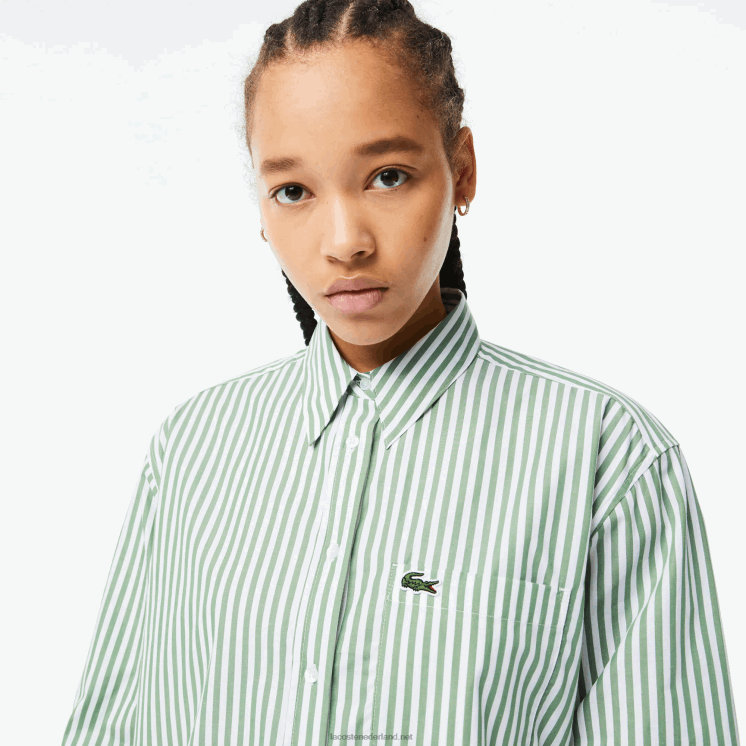 Lacoste gestreept katoenen popeline overhemd 0828H2448 wit kaki groen vi4 vrouwen