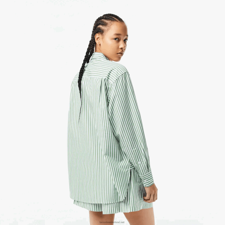 Lacoste gestreept katoenen popeline overhemd 0828H2448 wit kaki groen vi4 vrouwen