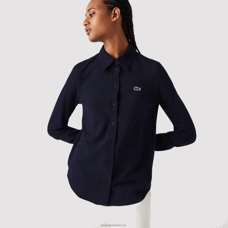 Lacoste katoenen piqué overhemd met franse kraag 0828H2649 marineblauw 166 vrouwen