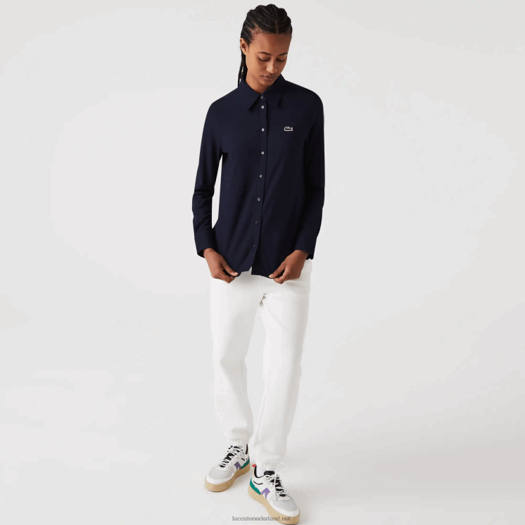 Lacoste katoenen piqué overhemd met franse kraag 0828H2649 marineblauw 166 vrouwen