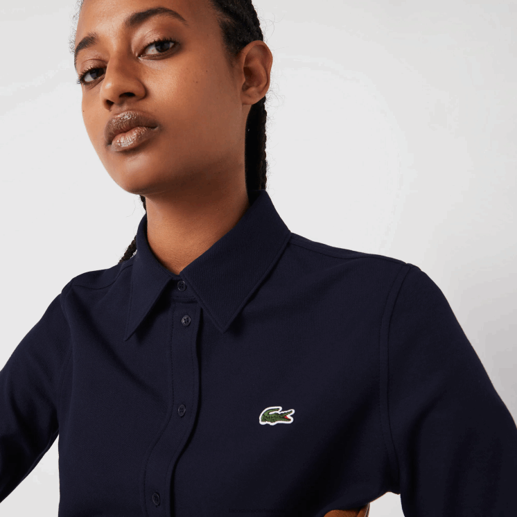 Lacoste katoenen piqué overhemd met franse kraag 0828H2649 marineblauw 166 vrouwen