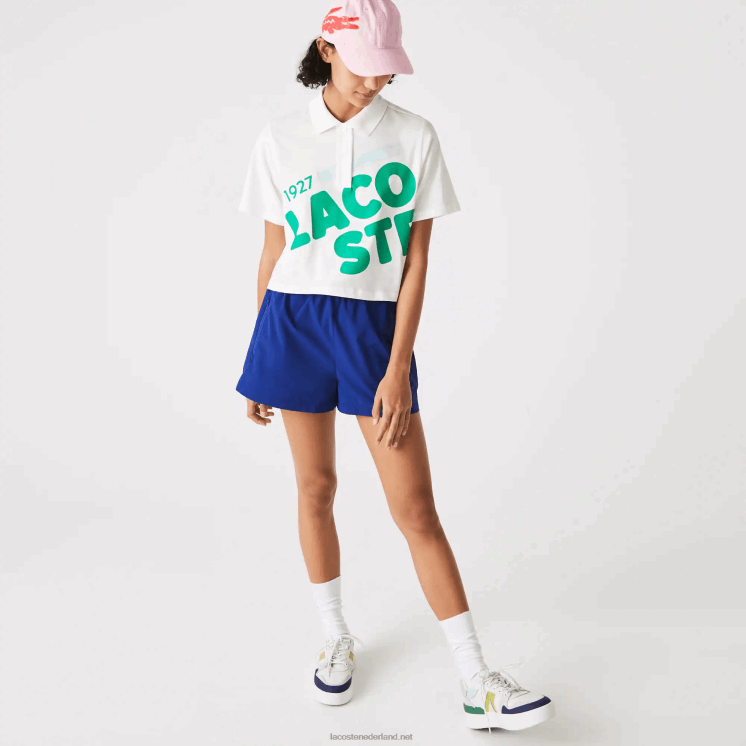 Lacoste losvallende korte biologisch katoenen polo met print 0828H2525 wit 70v vrouwen