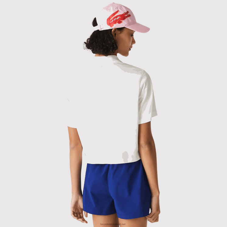 Lacoste losvallende korte biologisch katoenen polo met print 0828H2525 wit 70v vrouwen
