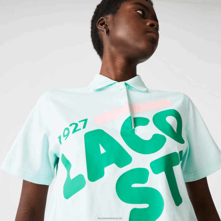 Lacoste losvallende korte biologisch katoenen polo met print 0828H2526 turkoois nr vrouwen