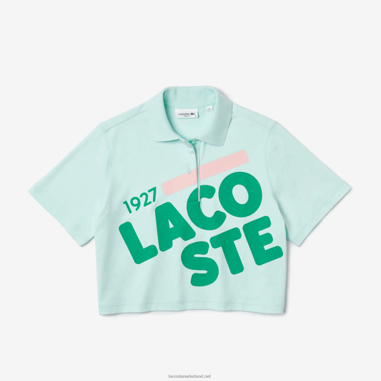 Lacoste losvallende korte biologisch katoenen polo met print 0828H2526 turkoois nr vrouwen
