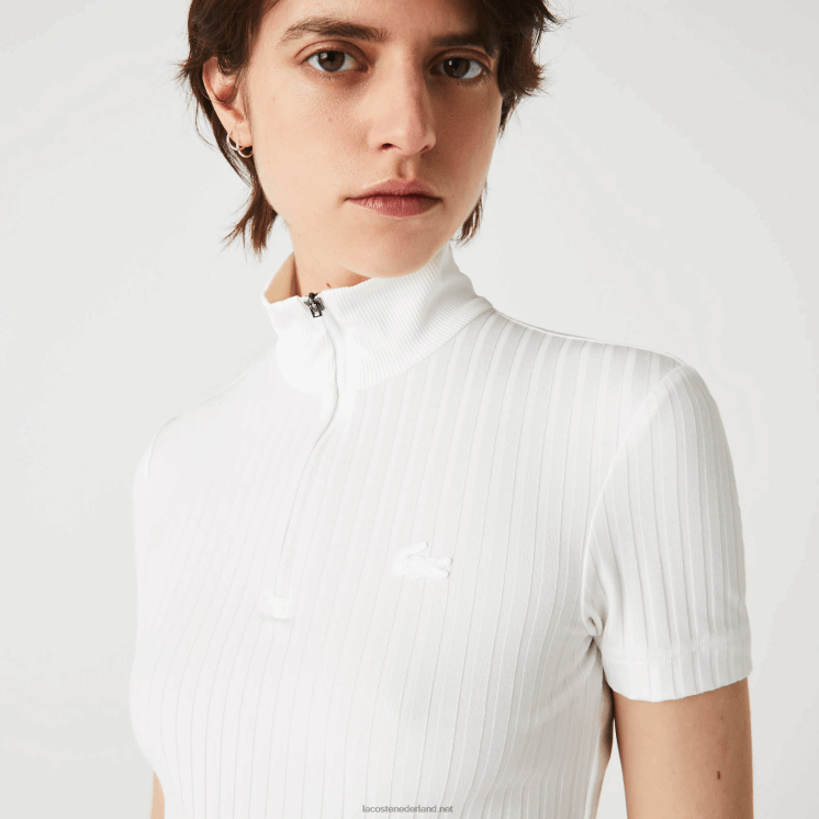 Lacoste slim fit geribbelde polo met hoge ritssluiting 0828H2524 wit 70v vrouwen