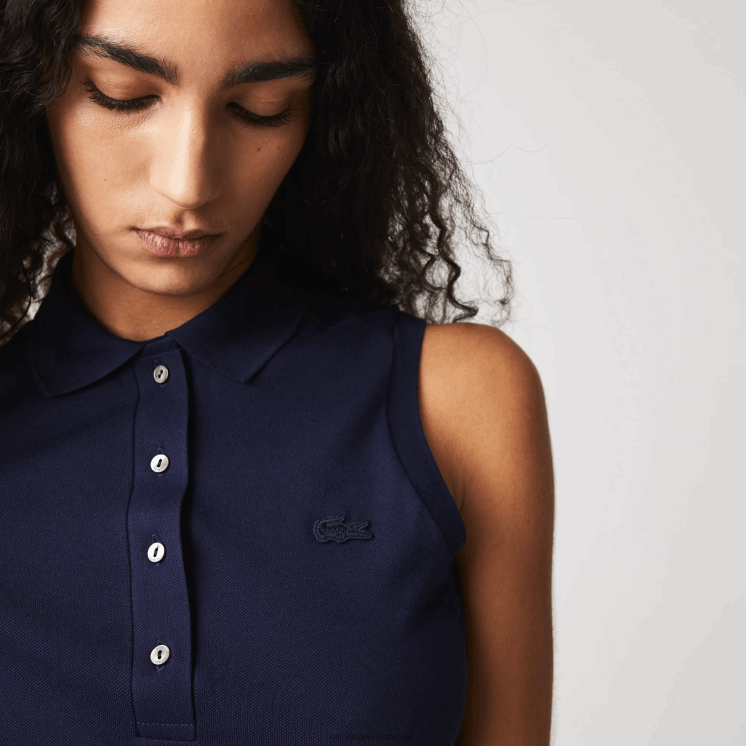 Lacoste slim fit mouwloos katoenen piqué poloshirt 0828H2498 marineblauw 166 vrouwen