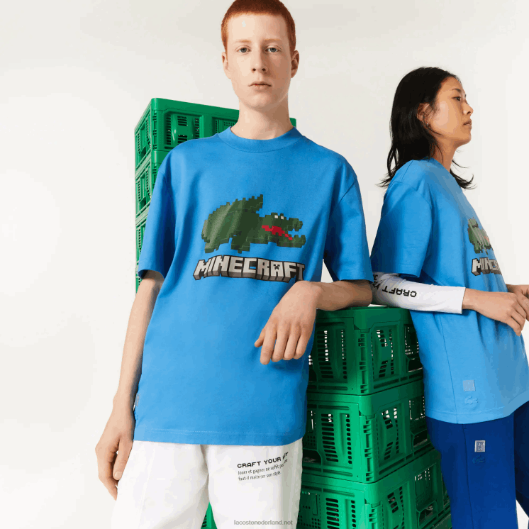 T-shirt van biologisch katoen met lacoste x minecraft-print 0828H881 blauw l99 vrouwen