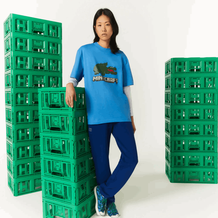 T-shirt van biologisch katoen met lacoste x minecraft-print 0828H881 blauw l99 vrouwen