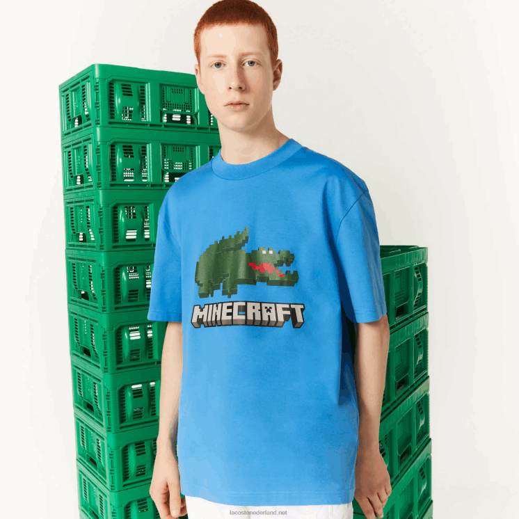 T-shirt van biologisch katoen met lacoste x minecraft-print 0828H881 blauw l99 vrouwen