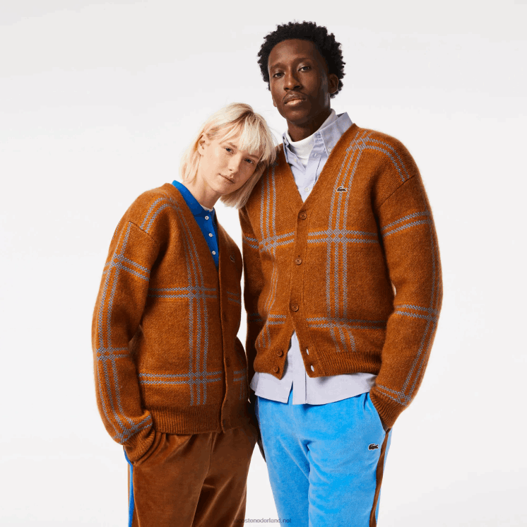 Lacoste Wollen vest met tartan patroon 0828H1395 bruin blauw oranje vn2 vrouwen