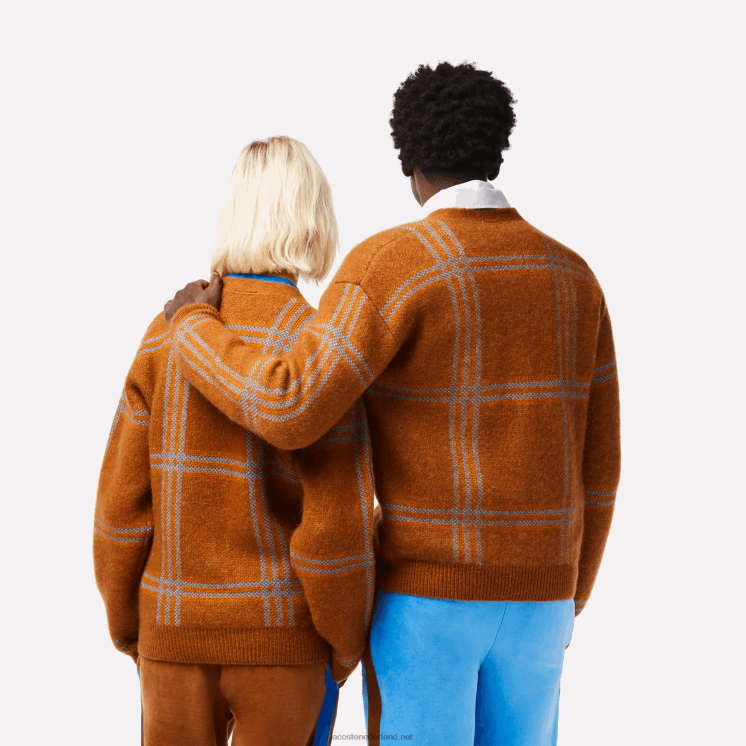 Lacoste Wollen vest met tartan patroon 0828H1395 bruin blauw oranje vn2 vrouwen