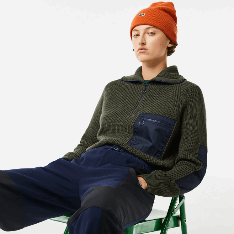 Lacoste colorblock sweater met rits en truckerhals 0828H2656 kaki groen marineblauw u74 vrouwen