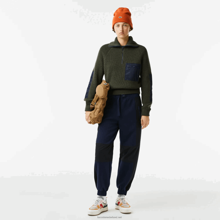 Lacoste colorblock sweater met rits en truckerhals 0828H2656 kaki groen marineblauw u74 vrouwen