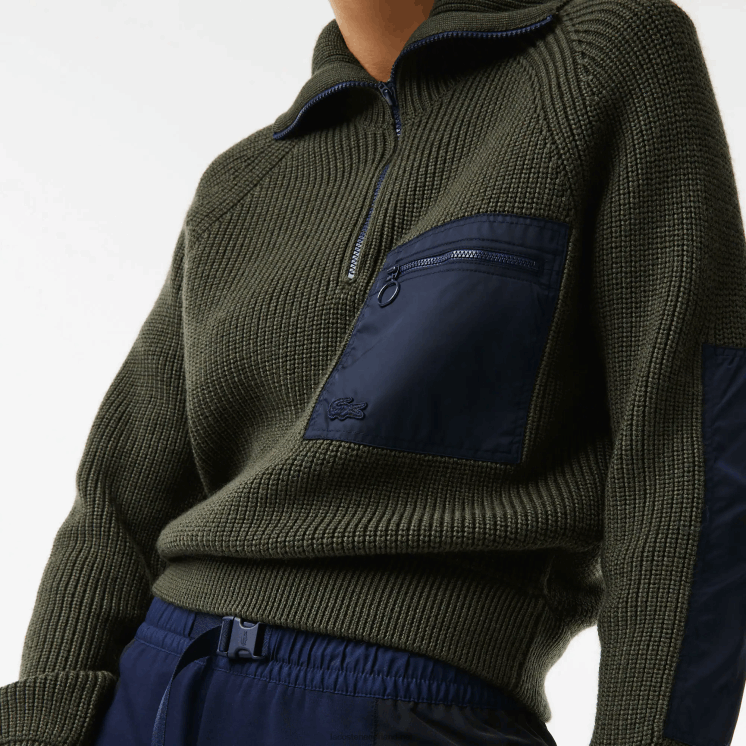 Lacoste colorblock sweater met rits en truckerhals 0828H2656 kaki groen marineblauw u74 vrouwen