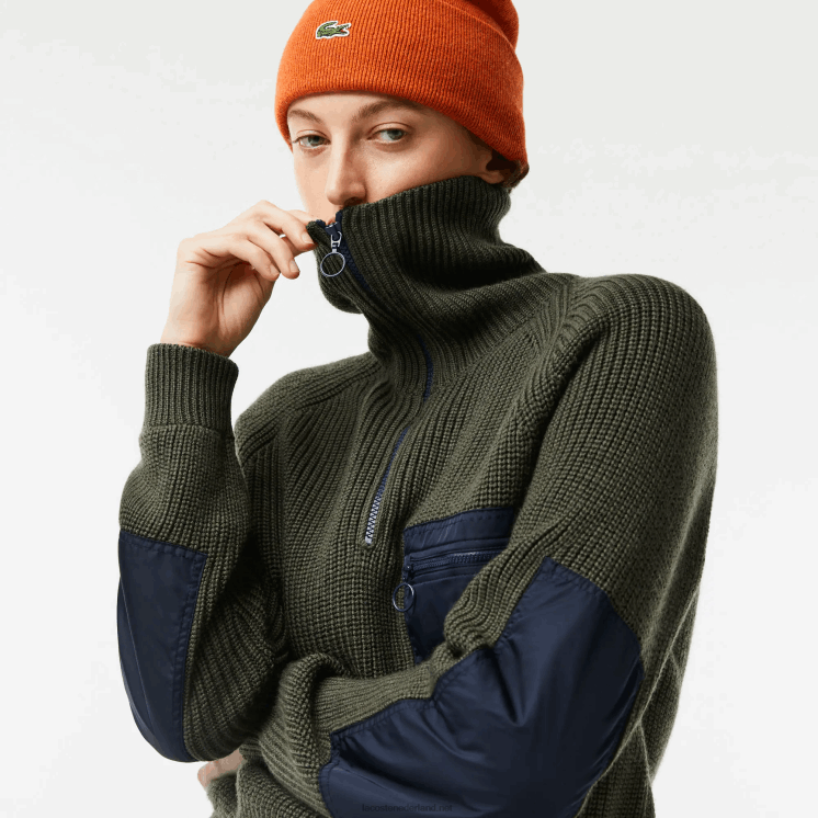 Lacoste colorblock sweater met rits en truckerhals 0828H2656 kaki groen marineblauw u74 vrouwen