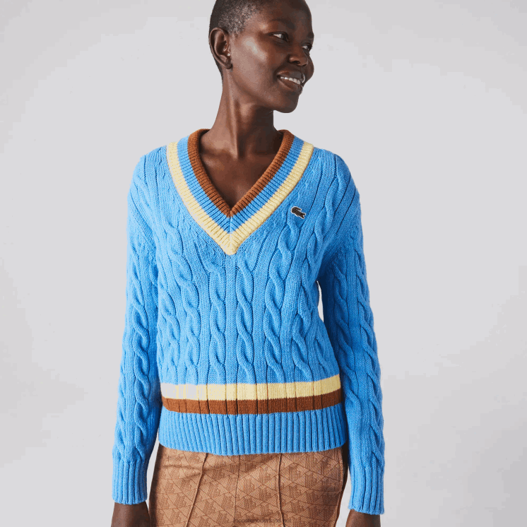 Lacoste gebreide wollen kabeltrui met v-hals 0828H2636 blauw geel bruin 060 vrouwen