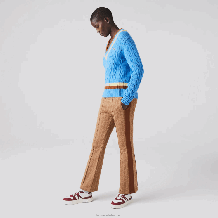 Lacoste gebreide wollen kabeltrui met v-hals 0828H2636 blauw geel bruin 060 vrouwen