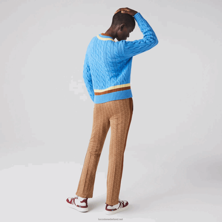 Lacoste gebreide wollen kabeltrui met v-hals 0828H2636 blauw geel bruin 060 vrouwen