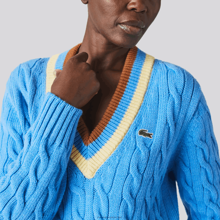 Lacoste gebreide wollen kabeltrui met v-hals 0828H2636 blauw geel bruin 060 vrouwen