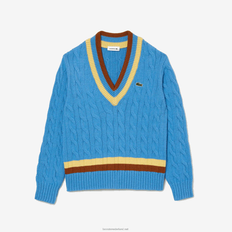 Lacoste gebreide wollen kabeltrui met v-hals 0828H2636 blauw geel bruin 060 vrouwen