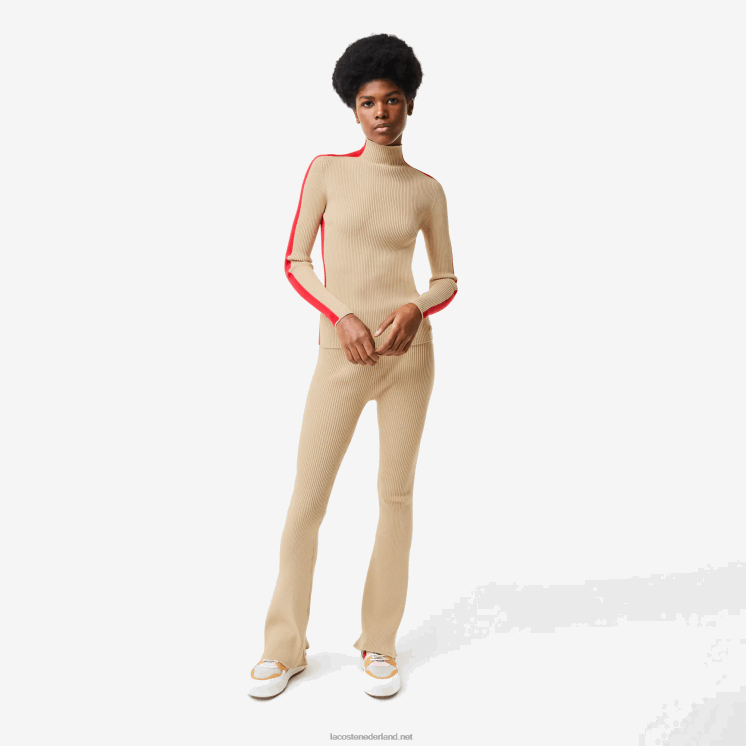 Lacoste naadloze trui met contrasterende banden 0828H2657 beige rood vs vrouwen