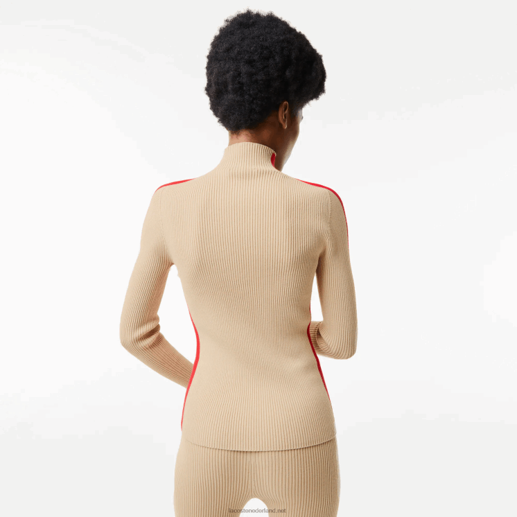Lacoste naadloze trui met contrasterende banden 0828H2657 beige rood vs vrouwen