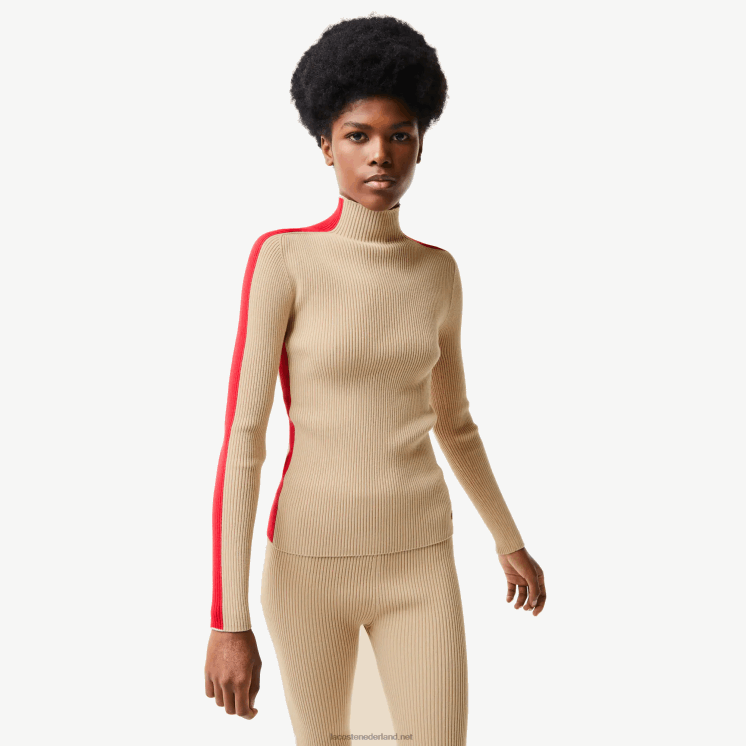 Lacoste naadloze trui met contrasterende banden 0828H2657 beige rood vs vrouwen