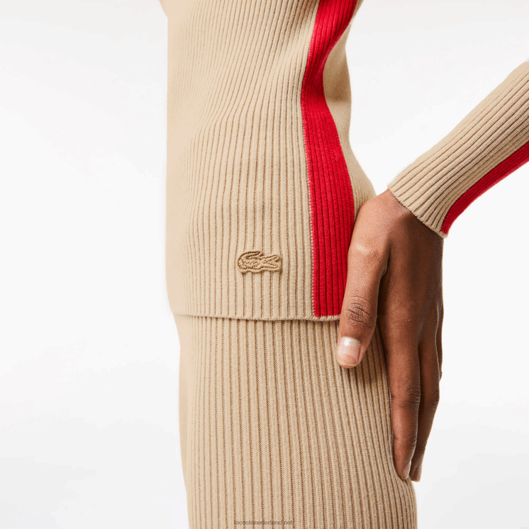 Lacoste naadloze trui met contrasterende banden 0828H2657 beige rood vs vrouwen