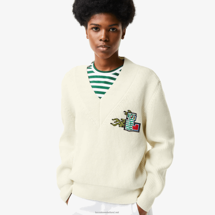 Lacoste wollen trui met v-hals en komische badge 0828H2642 wit 70v vrouwen