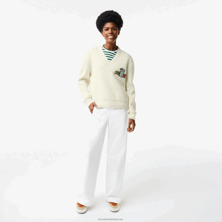 Lacoste wollen trui met v-hals en komische badge 0828H2642 wit 70v vrouwen