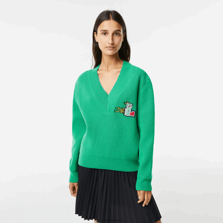 Lacoste wollen trui met v-hals en komische badge 0828H2643 groene lm vrouwen
