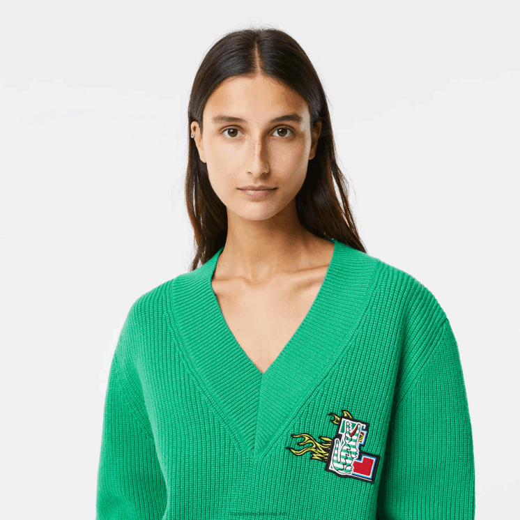 Lacoste wollen trui met v-hals en komische badge 0828H2643 groene lm vrouwen